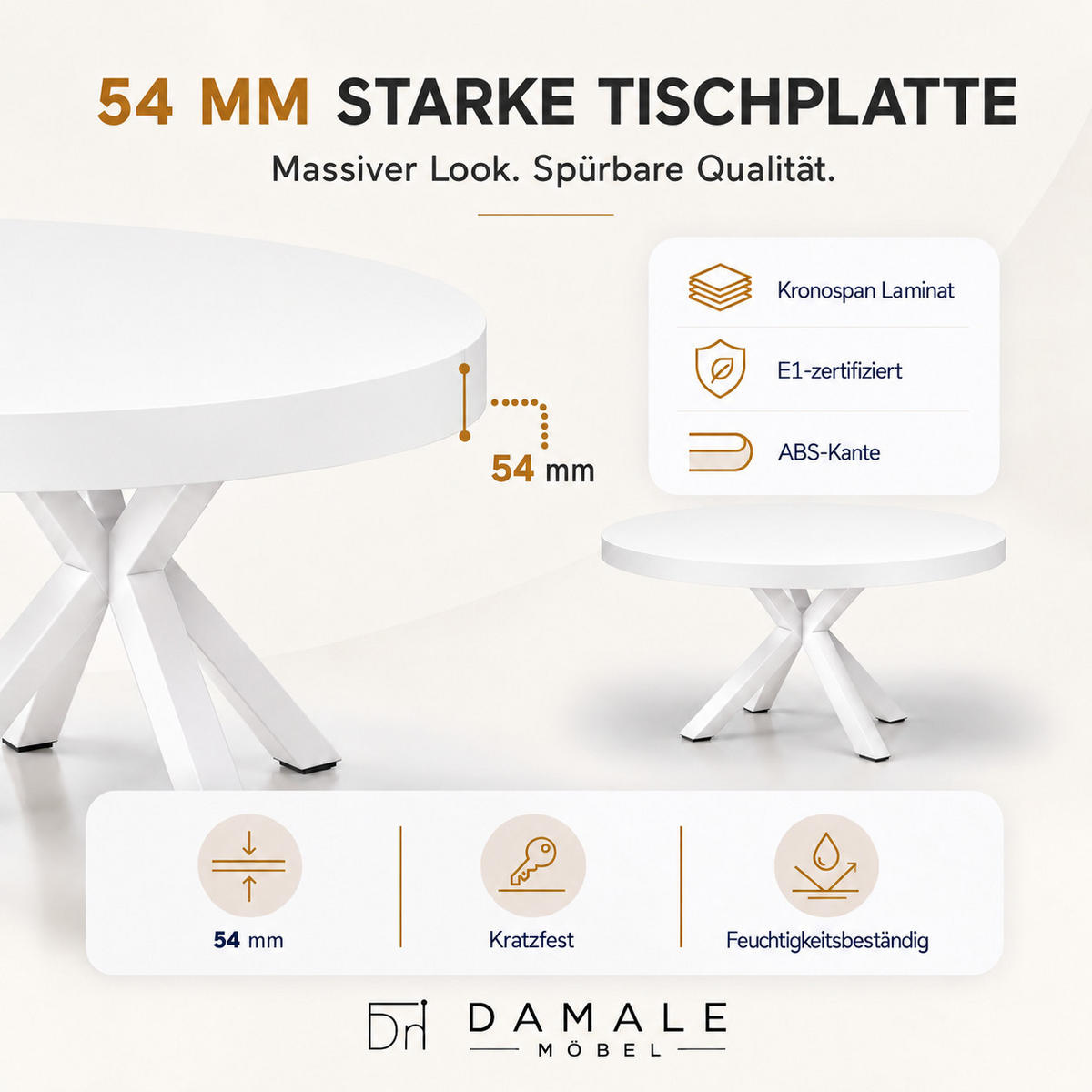 ESSTISCH rund ausziehbar 110/210/76 cm, Weiß, 54 cm Tischplatte + Metall Weiß - Weiß, Holzwerkstoff/Metall (110/210/76cm) - Damale Möbel