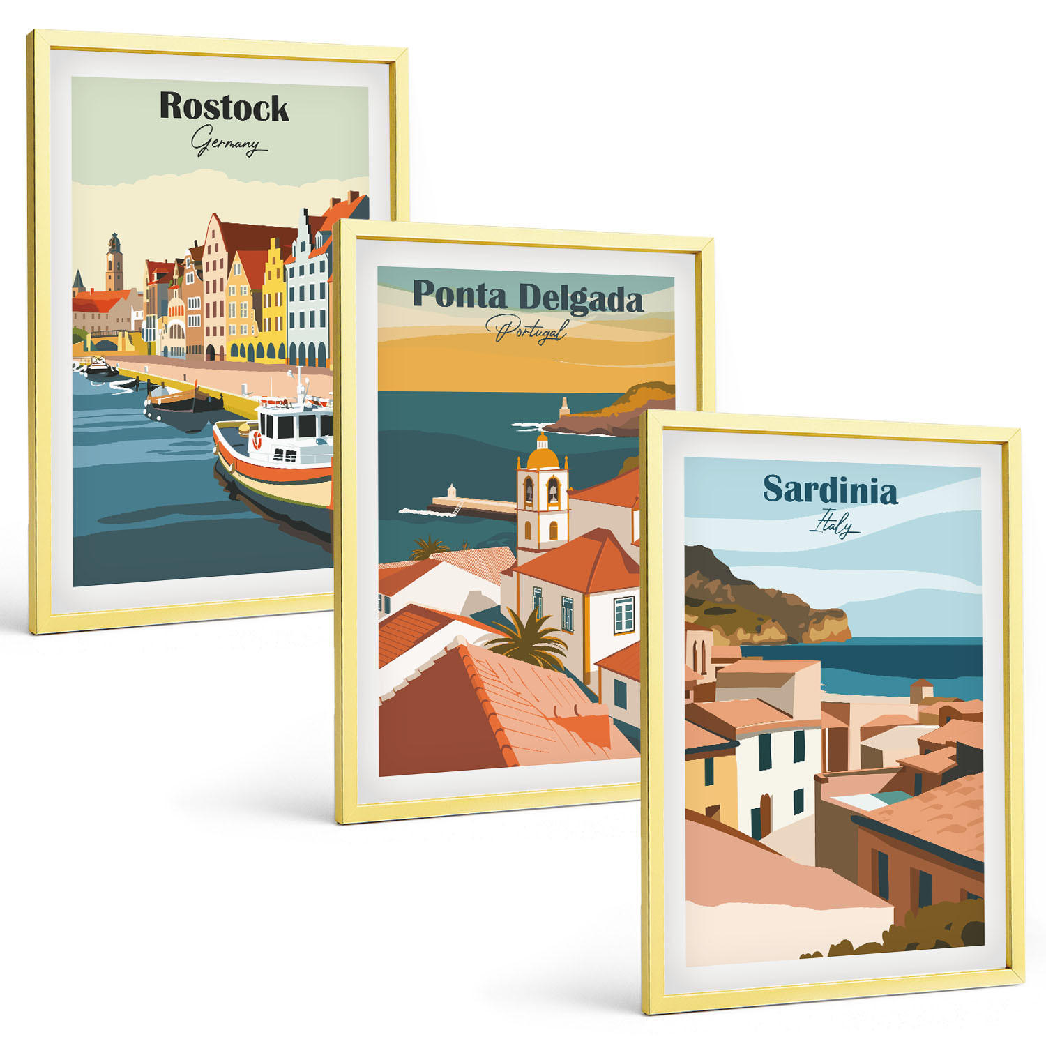 BILDER SET 3er Set - 40x60 cm Goldrahmen - Ansichten europäischer Küstenstädte - Goldfarben, Kunststoff (40/60cm) - TULUP