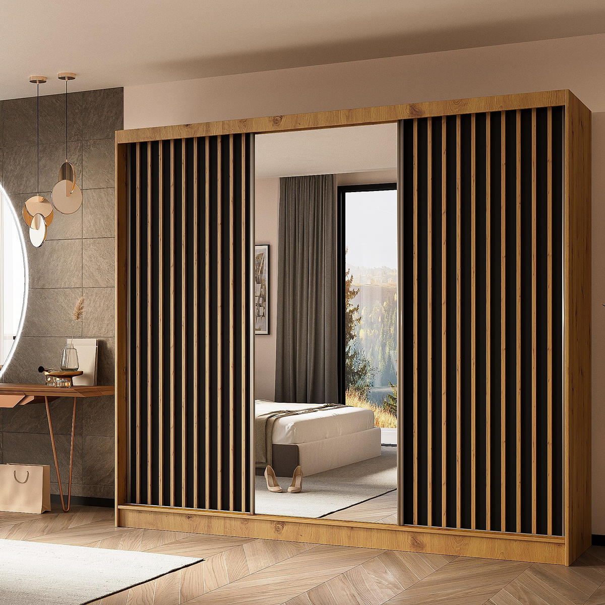 SCHWEBETÜRENSCHRANK LAMELLO 240/216/61 cm 3-türig mit Spiegel Eiche Artisan - Schwarz/Eiche Artisan, Holzwerkstoff (240/216/61cm) - MASSENO