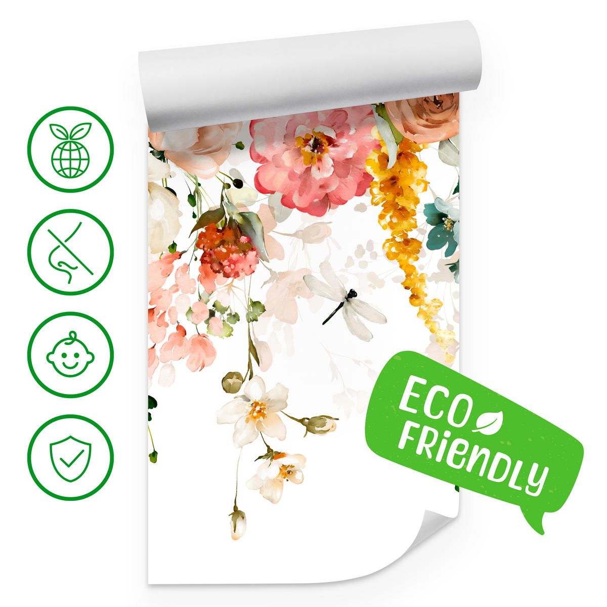 FOTOTAPETE für Schlafzimmer Aquarell Bunte Blumen Ranken Blätter 400x280 - Gelb/Rot, Papier (400/280cm) - Muralo