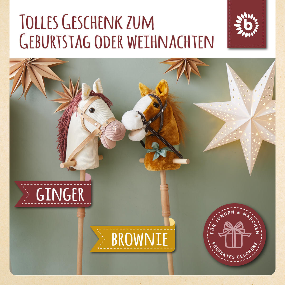 BIECO Steckenpferd Kinder Ginger | Hobby Horse Pferde | Steckenpferd Rollen | Steckenpferd Holz Pferd Stab | Stock Pferd - Weiß, Textil (24/100cm) - Bieco Spielwaren