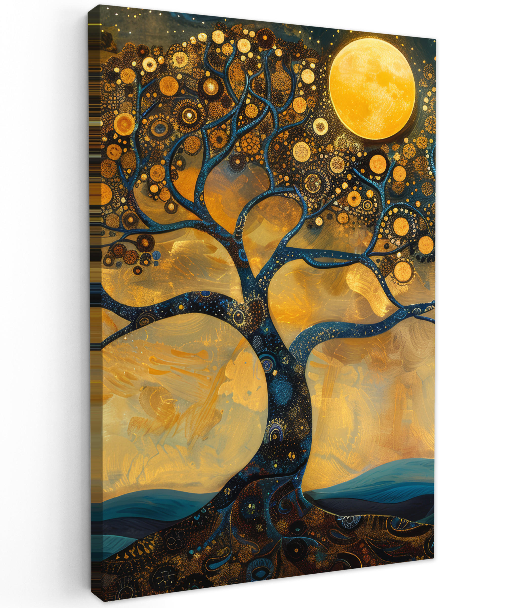 LEINWANDBILD Baum - Mond - Blumen - Gold - Kunst 90x140 cm - Orange, Textil (90/140cm) - MuchoWow