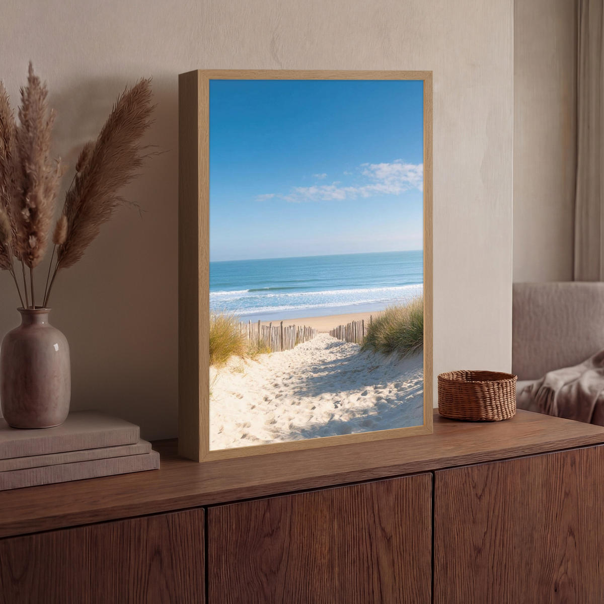 NÁSTĚNNÁ LAMPA S AKUMULÁTOREM Pláž - moře - duny - písek - léto 40x60 cm - písková barva, kompozitní dřevo (40/60/8cm) - OnlyWow