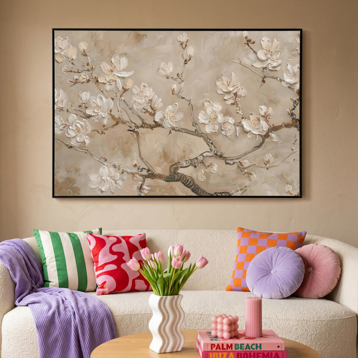 LEINWAND Bilder mit Rahmen - Blumen - Modern - Beige - Weiß - Blüte - 120x80 - Beige, Textil (120/80cm) - MuchoWow