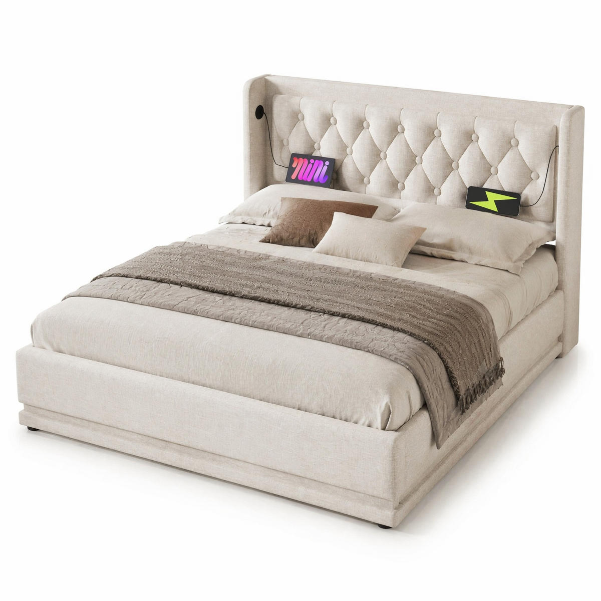 POLSTERBETT 180/200 cm in Beige mit Bettkasten, LED und USB/Type-C Baumwollstoff - Beige, Holzwerkstoff/Textil (180/200cm) - CHICFURN