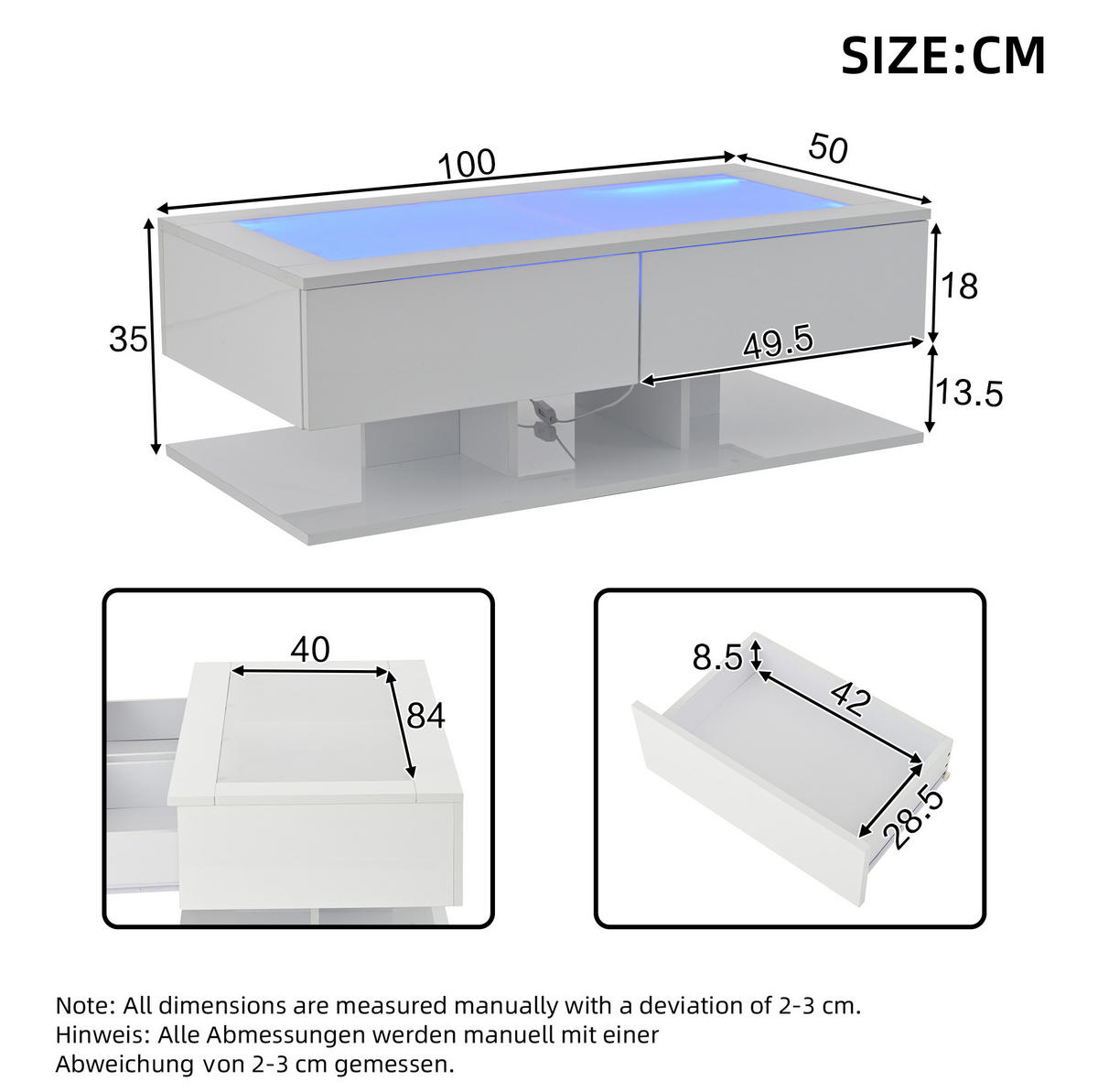 COUCHTISCH aus Spanplatte & Glas 100x50x35 cm in Weiß mit 2 Schubladen & LED - Weiß, Holzwerkstoff (100/50/35cm) - Modfu