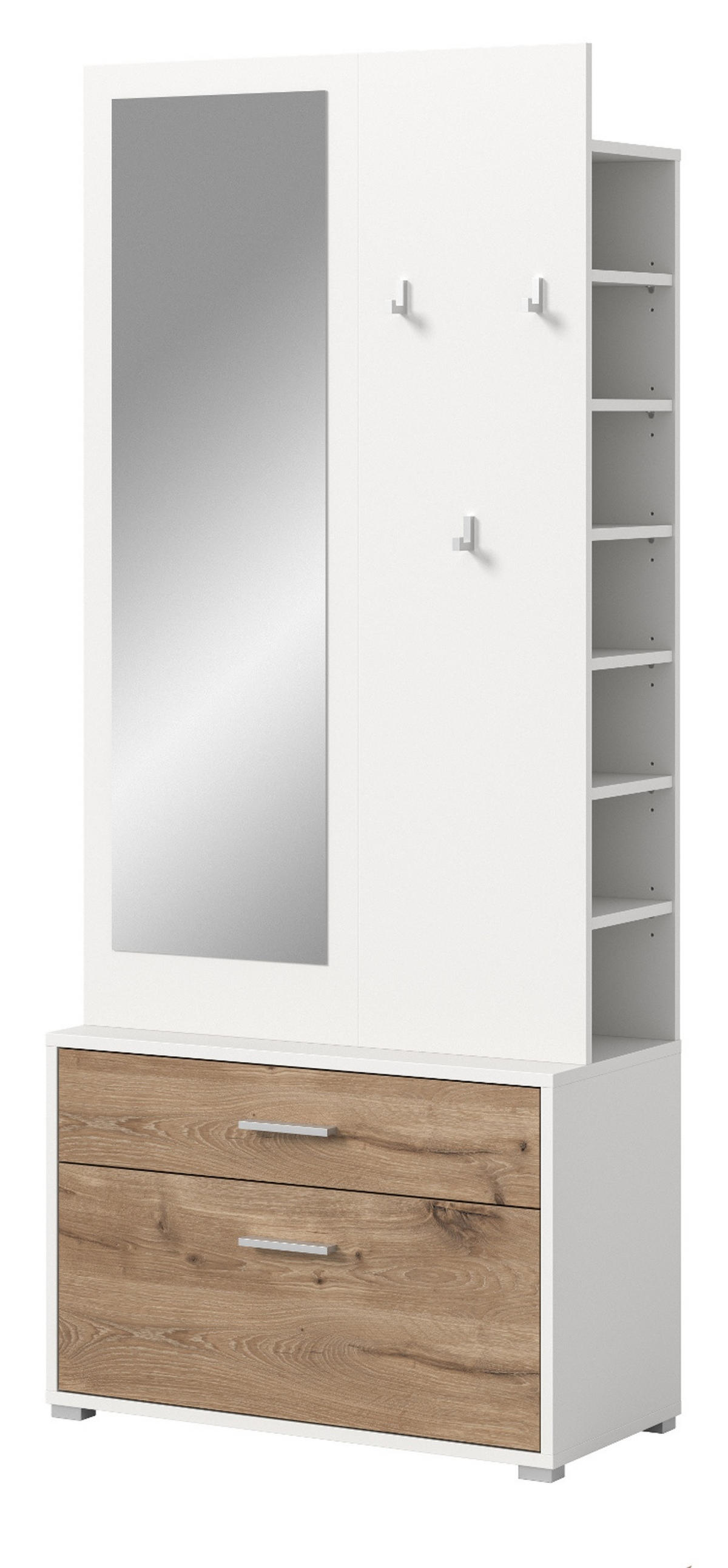 KOMPAKTGARDEROBE weiß, Eiche Nox, Garderobe mit Spiegel 80 x 190 cm - Eichefarben/Silberfarben, Glas/Holzwerkstoff (80/190/38cm) - Inn.Furn