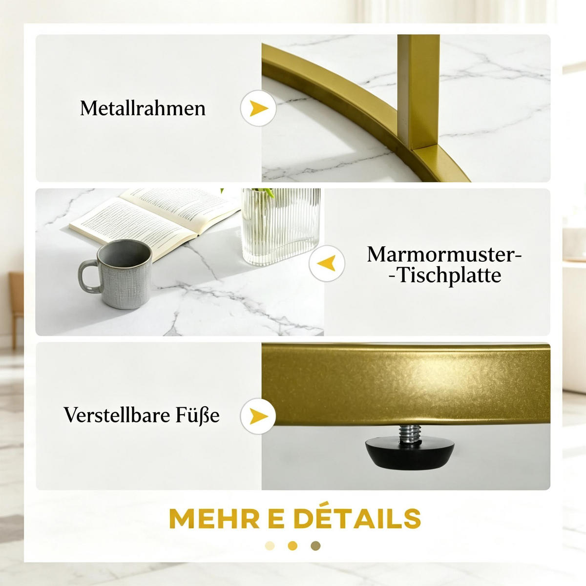 COUCHTISCH-SET 2-teilig Weiß/Gold Marmoroptik rund - Goldfarben/Weiß, Holzwerkstoff/Metall (74/74/46.3cm)