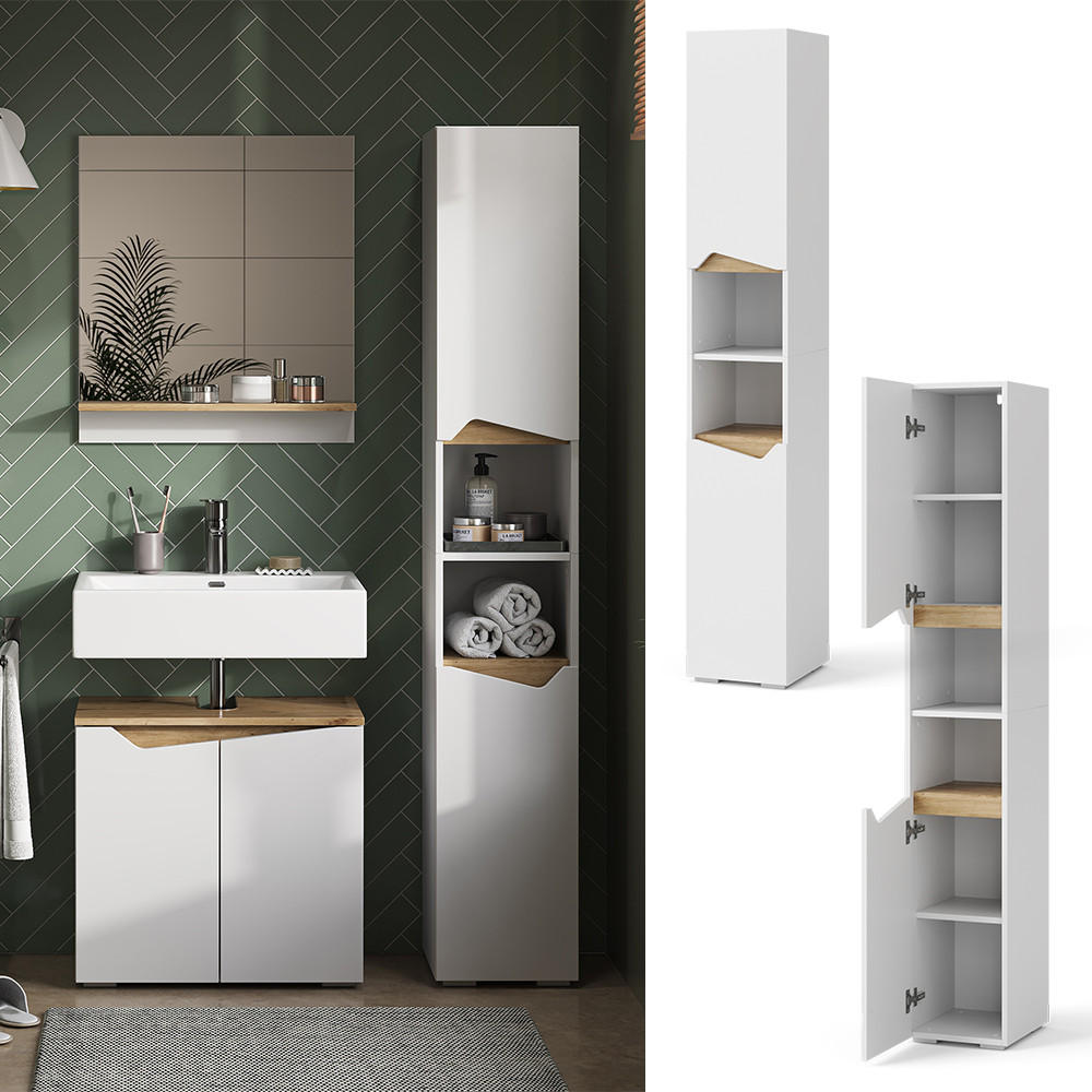 BADSCHRANK Marelle Weiß 30 x 180 cm mit Türen, und offenen Fächern - Weiß/Eiche Artisan, Holzwerkstoff (30/180/35cm) - Vicco