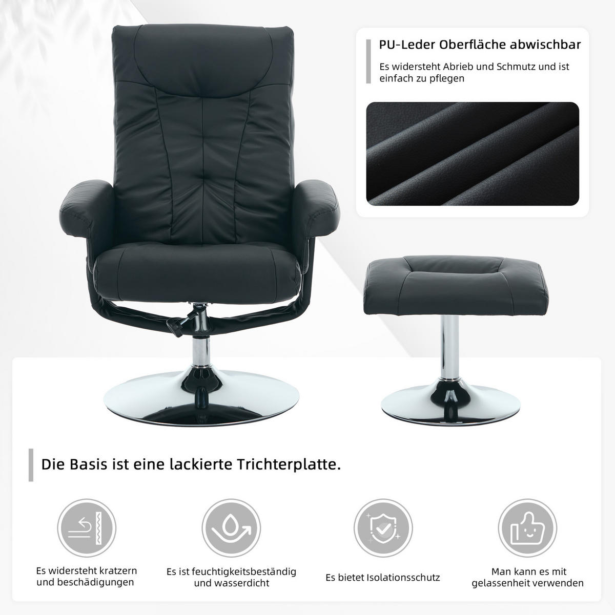 RELAXSESSEL PU mit Massage und Sitzheizung 76/75/103 cm Schwarz - Schwarz, Kunststoff (75/103/76cm) - Redom