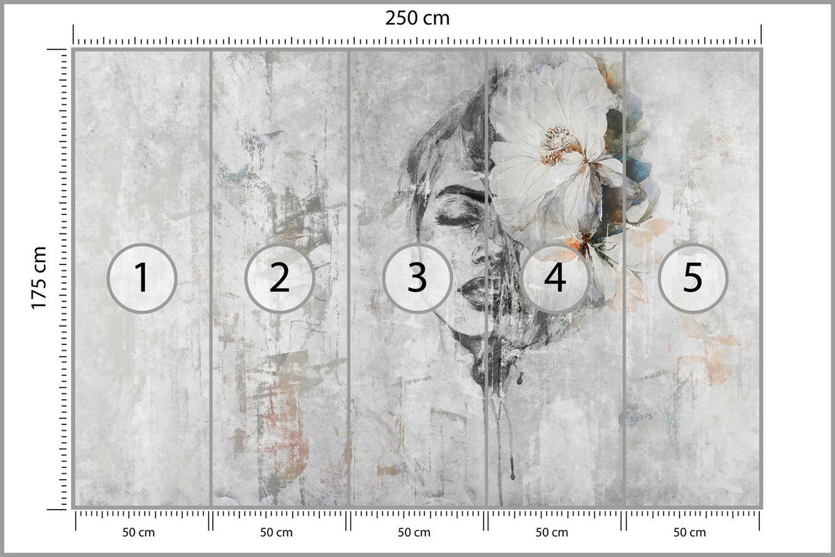 FOTOTAPETE für Schlafzimmer Frau Porträt Blume Beton Abstraktion 250x175 - Blau/Orange, Papier (250/175cm) - Muralo