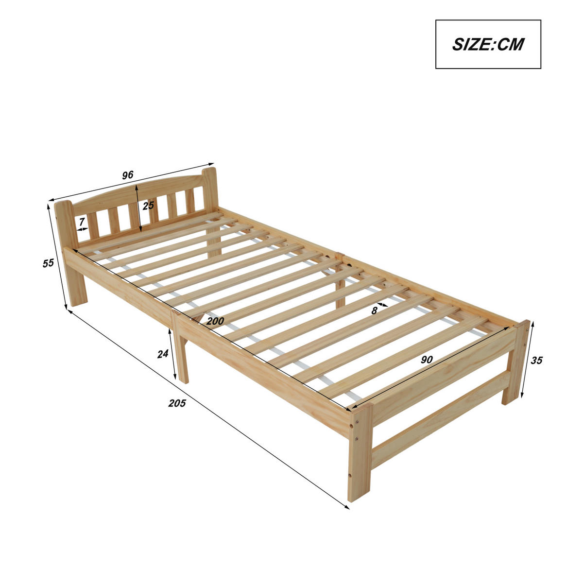 EINZELBETT 90/200 cm mit Kopfteil und Lattenrost aus massivem Kiefernholz, Natur - Naturfarben, Holz (90/200cm) - Redom