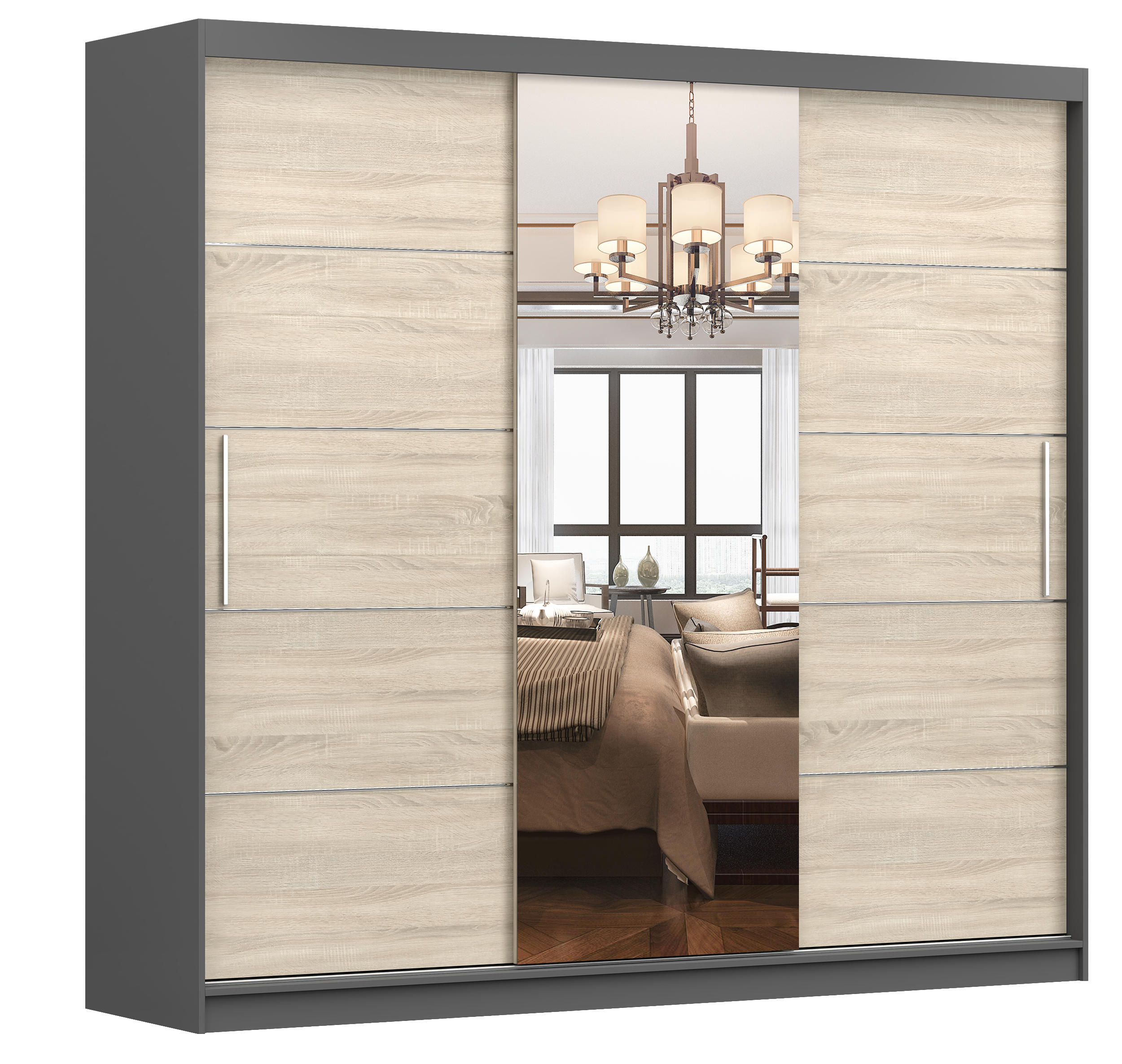 Möblo SCHIEBETÜRENSCHRANK Graphit, Sonoma Eiche 233cm × 61cm × 218cm