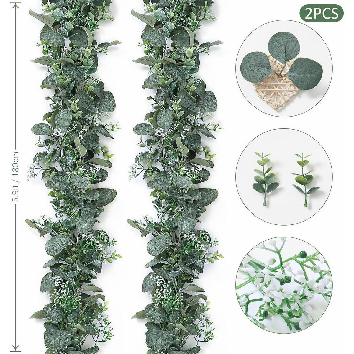 GIRLANDE Eukalyptus 2-teiliges Set mit Weidenblättern und weißen Blumen - Grün, Kunststoff (5cm)