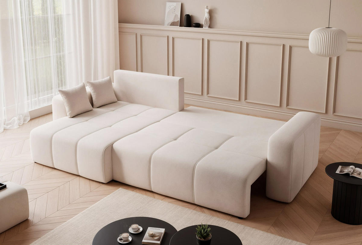 ECKSOFA XL Velours mit Bettkasten und Schlaffunktion - Creme, Holzwerkstoff/Textil (278/145cm) - Idohome