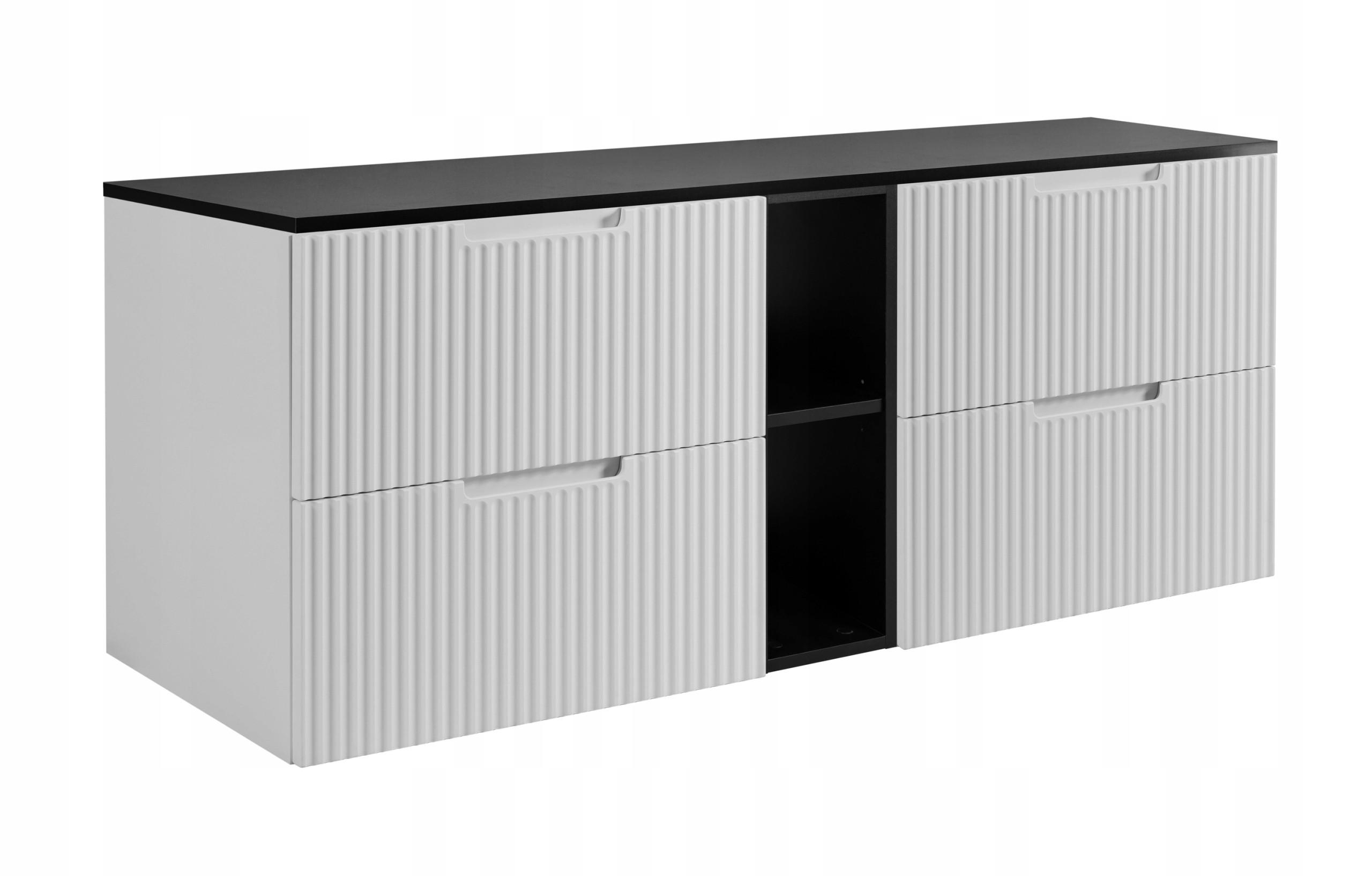 WASCHBECKUNTERSCHRANK VENA 140 cm mit Arbeitsplatte Farbe: Matt schwarz mit einem Regal Gerillte Vorderseite Matt weiß - Schwarz/Weiß, Holzwerkstoff (140/58/46cm) - Rodan