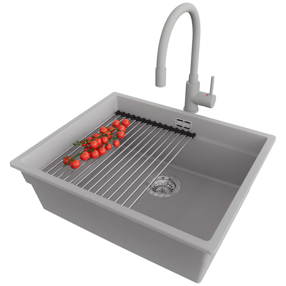 GRANITSPÜLE Praga Slim, 2-er set Grau 56/47 cm 1 Becken + Küchenarmatur 38/14 cm + Ablauf-Set + Aufrollbare Abtropffläche ab 60er Unterschrank - Chromfarben/Grau, Kunststoff (56/20/47cm) - Primagran