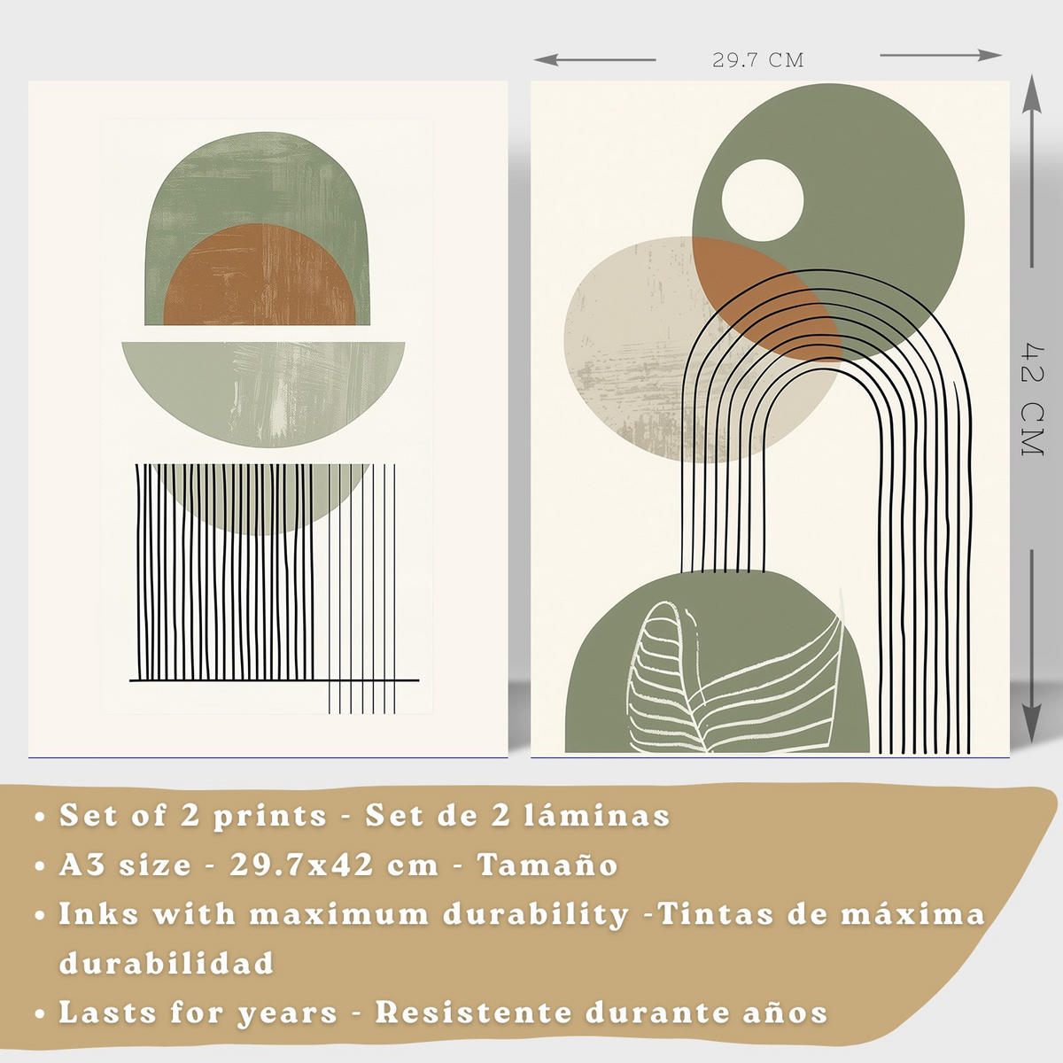 POSTER 3er Kunstdruck-Set Wandbilder Abstrakt Grün modern Wohnzimmer Deko, Schlafzimmer, Küche, Badezimmer Rahmenlos A3 - Klar, Papier (29.7/1/42cm) - Nacnic