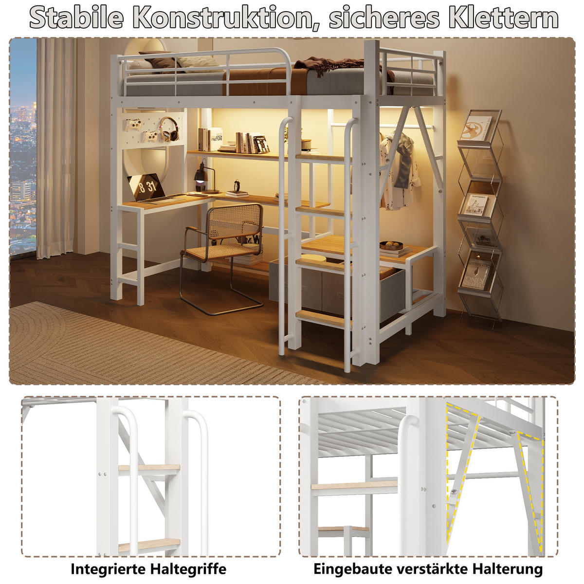 HOCHBETT 90x200cm, Eisen, Lochwand, Regale, Schubladen, Schreibtisch, USB, LED, Geländer, ohne Matratze, Weiß - Weiß, Holzwerkstoff (90/200cm)