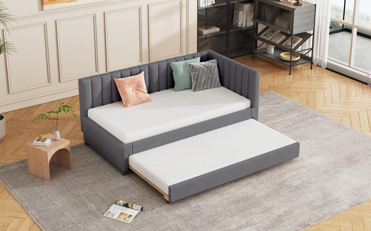 POLSTERBETT 90/200 cm Grau aus Samtstoff mit Ausziehbett - Grau, Textil (90/200cm) - OKMYHOME