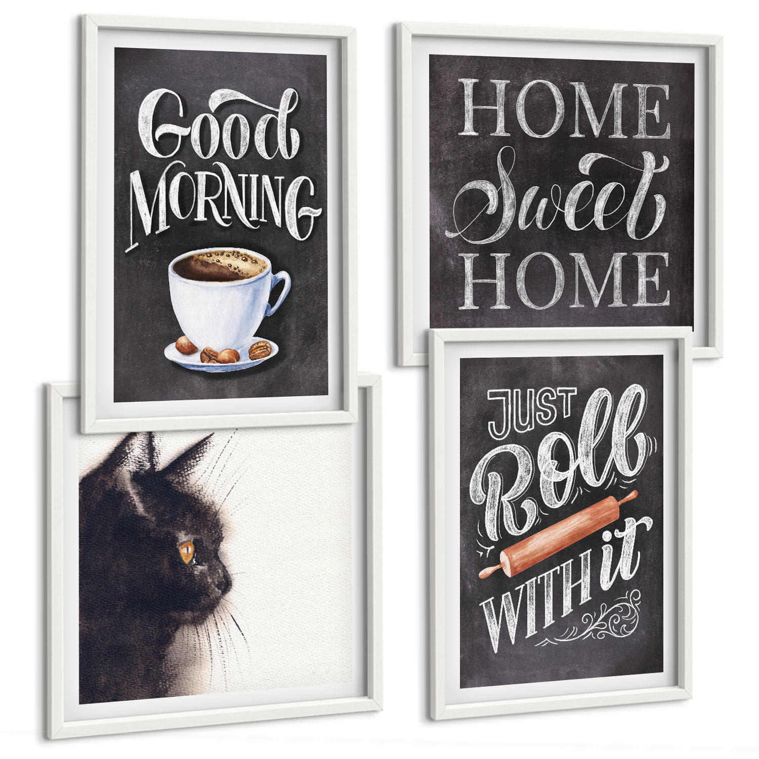 BILDER SET 4er Set - 50x50 cm & 40x60 cm Weißer Rahmen - Hausküchenthemen Katze - Weiß, Kunststoff (50/50cm) - TULUP