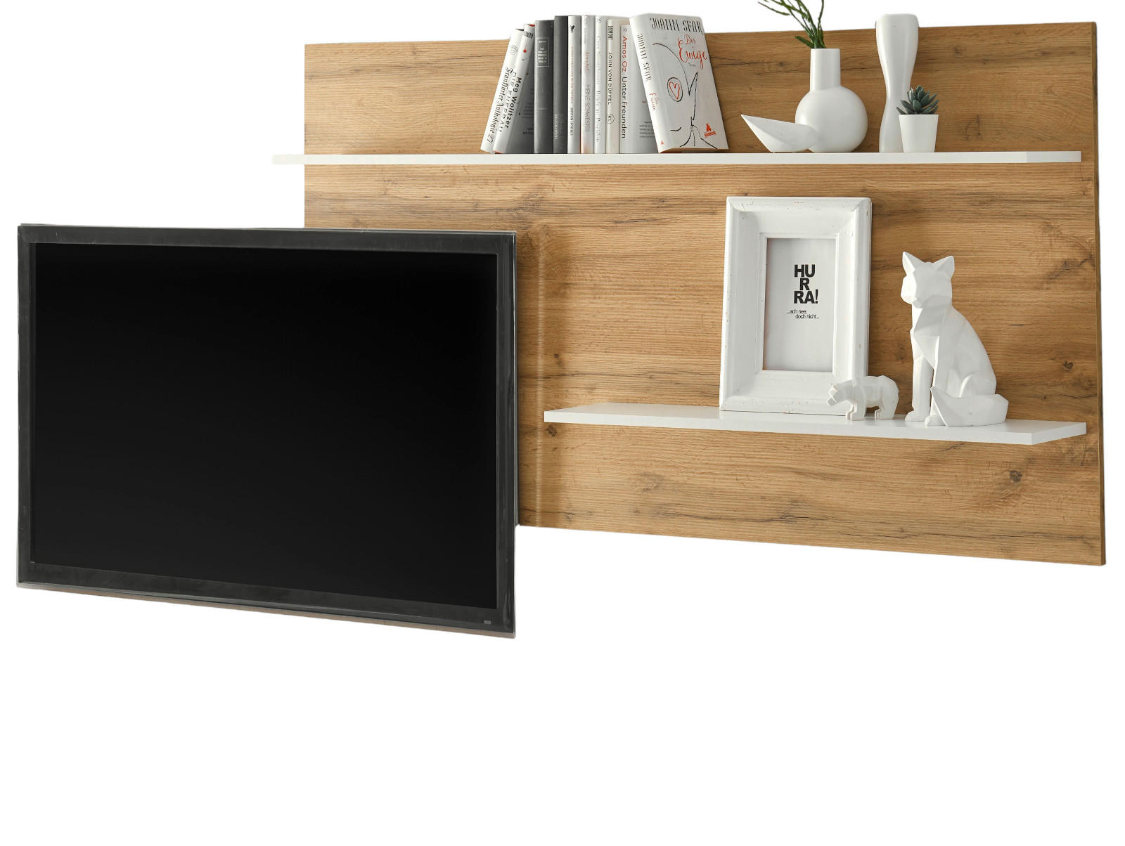 WANDREGAL Eiche Wotan, weiß 155 cm, Wandpaneel mit 2 variablen Regalböden - Weiß, Holzwerkstoff/Metall (155/80/20cm) - Furn.Design