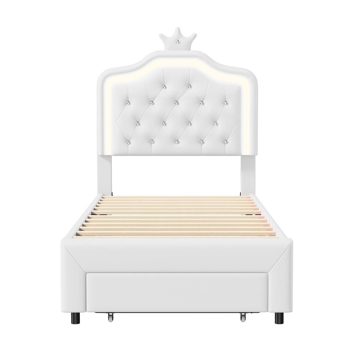 POLSTERBETT Princess Crown 90x200 cm mit höhenverstellbarem Kopfteil, PU, Lattenrost & LED-Beleuchtung, Weiß - Weiß, Leder/Holz (90/200cm) - BursDany