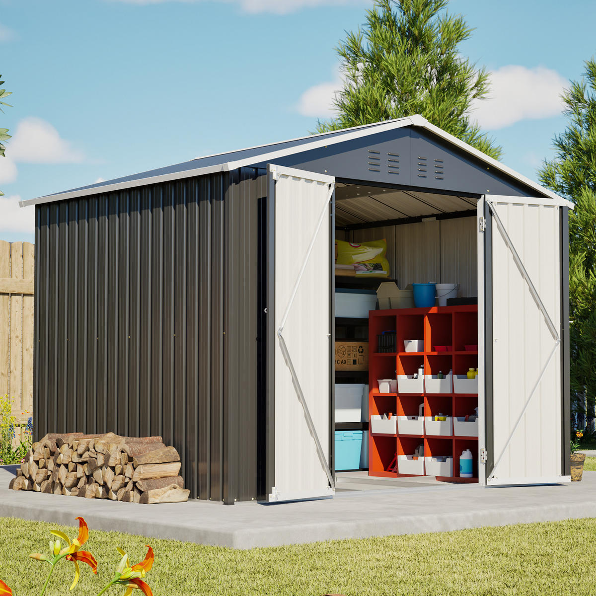 GERÄTESCHUPPEN SCHIEBETÜR 240x192x191 cm Schwarz - Schwarz, Metall (192.3/191/240cm) - ComfortXL