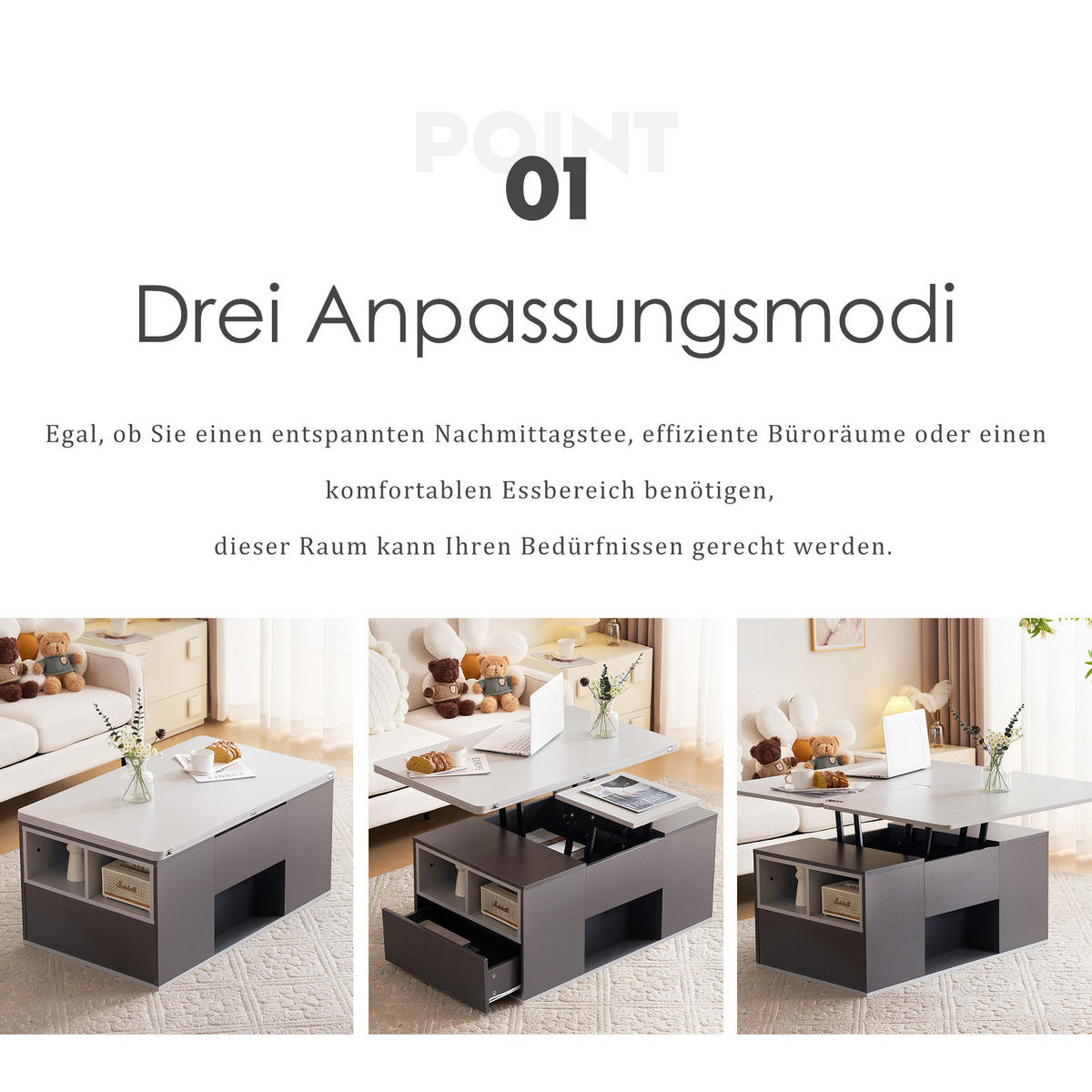 COUCHTISCH DE-159 Höhenverstellbar Grau - Grau, Holzwerkstoff (51/100/47cm) - ComfortXL