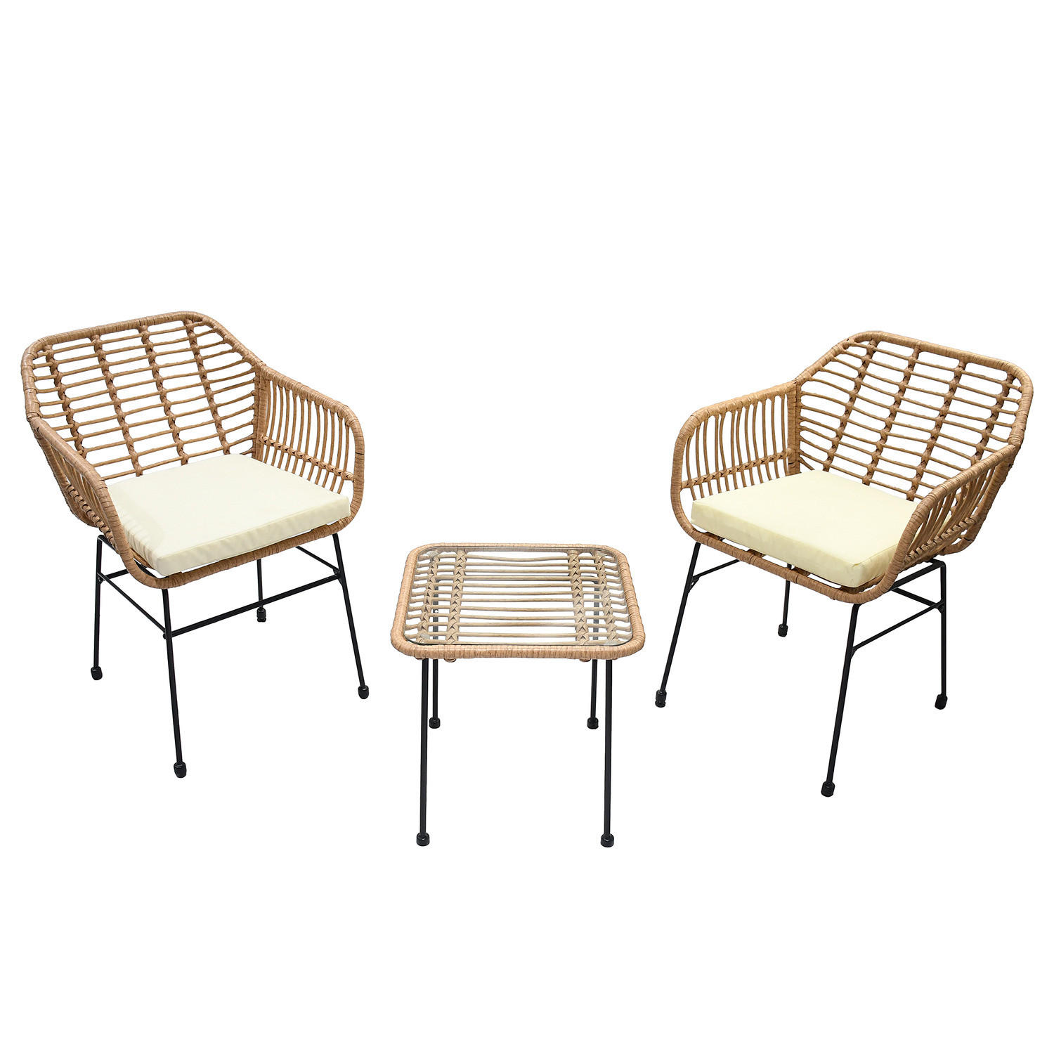 BALKONSET - Polyrattan / Stahl - Beige / Schwarz - 3-teilig - Beige/Schwarz, Naturmaterialien/Glas - home24