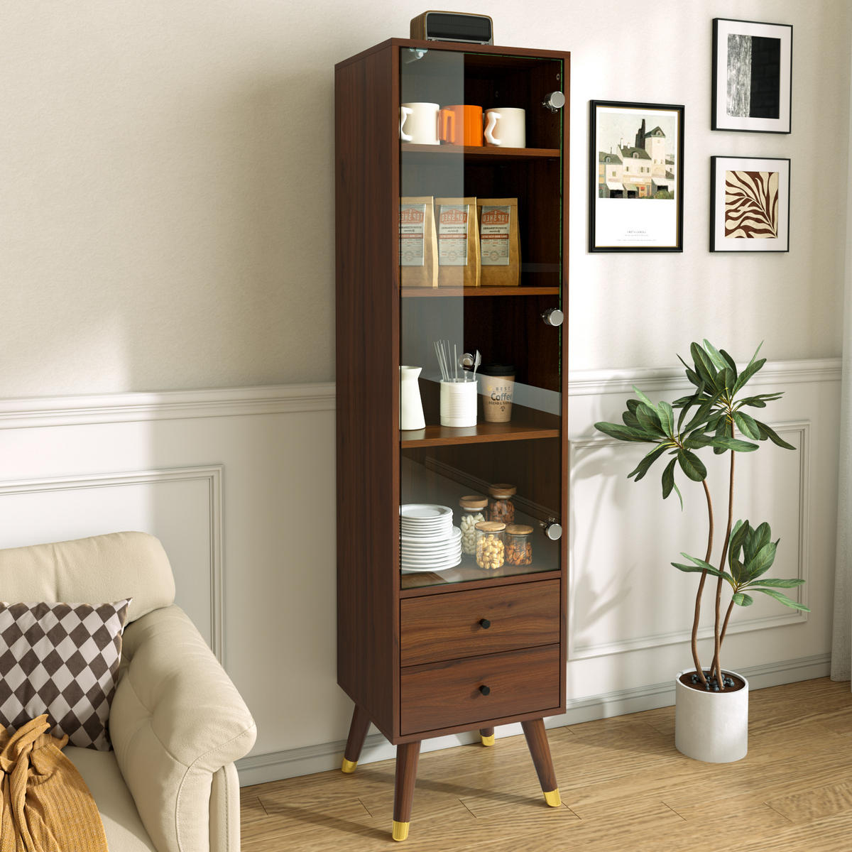 VITRINE in Walnussfarben mit Glastür und 2 Schubladen für Wohnzimmer, B39,8/T35/H160 cm - Transparent/Walnussfarben, Glas/Holzwerkstoff (39.8/160/35cm) - STILVORA