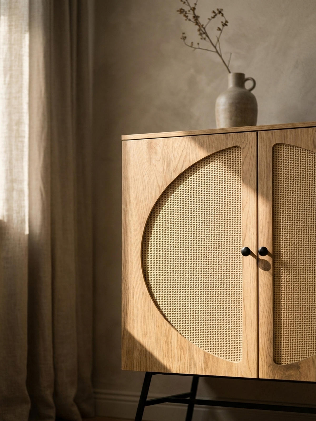 SIDEBOARD – Eiche-Dekor/Rattan, 80x103x39 cm, 2 Türen, hoch - Schwarz/Braun, Holzwerkstoff/Metall (80/103/39cm) - KADIMA DESIGN