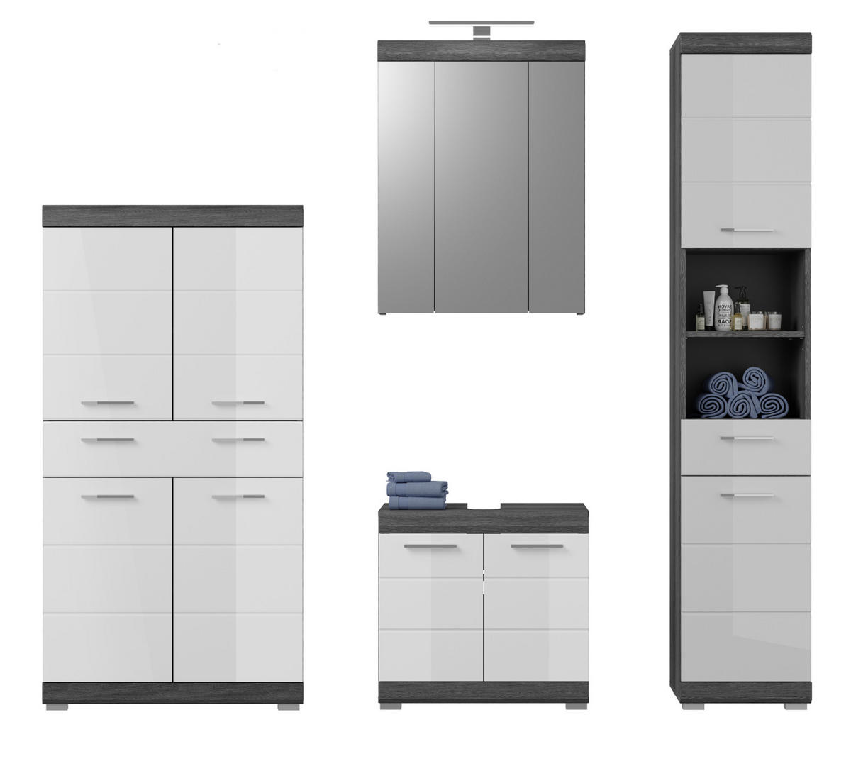 BADMÖBEL-SET weiß Hochglanz, grau 4-teilig 186 cm, Komplettset mit 31 Fächern - Weiß Hochglanz/Grau, Holzwerkstoff (186/191/34cm) - Inn.Furn