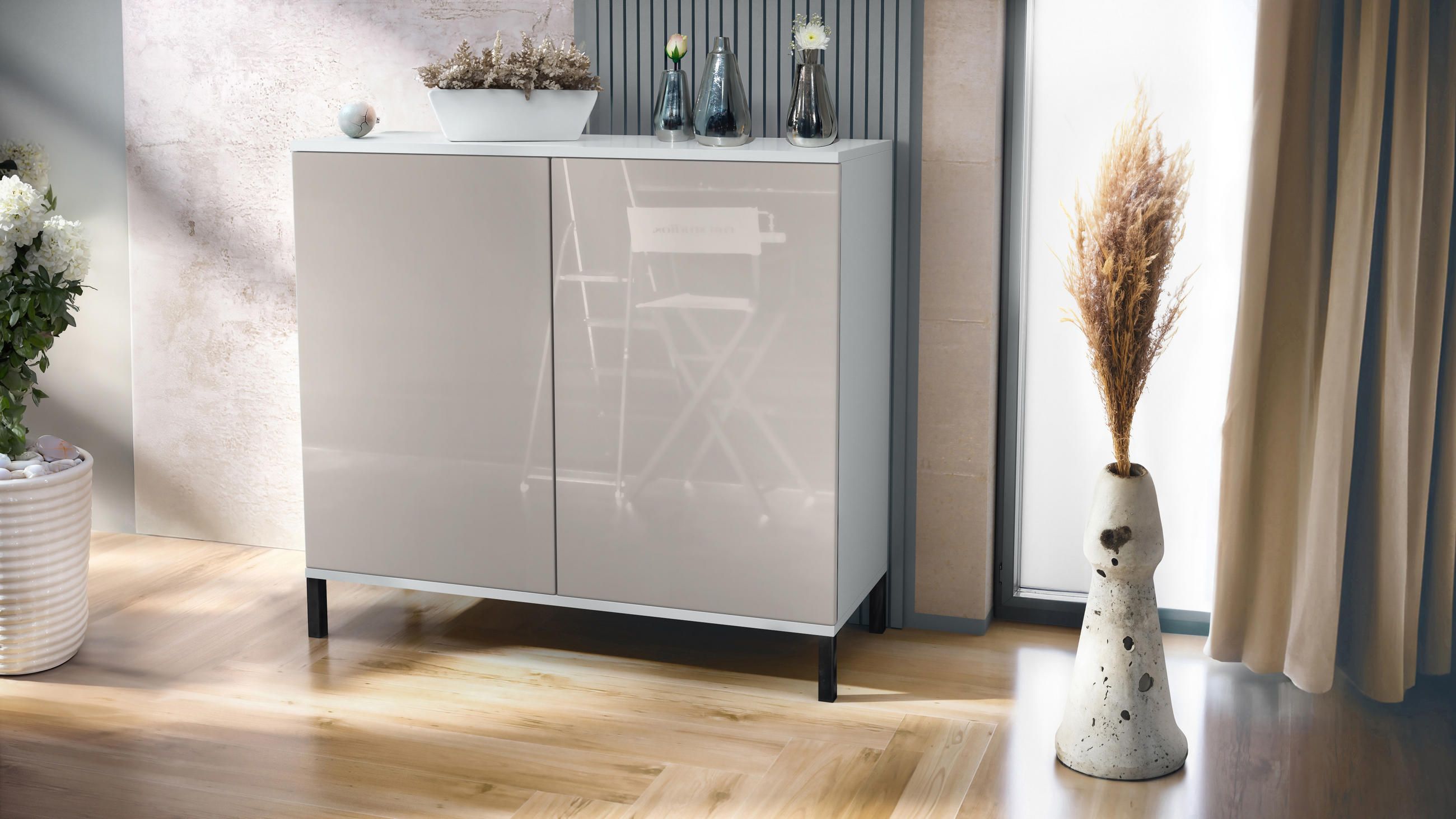KOMMODE Skadu Sandgrau Hochglanz - Sandfarben, Holzwerkstoff (92.5/83.5/35cm) - Vladon