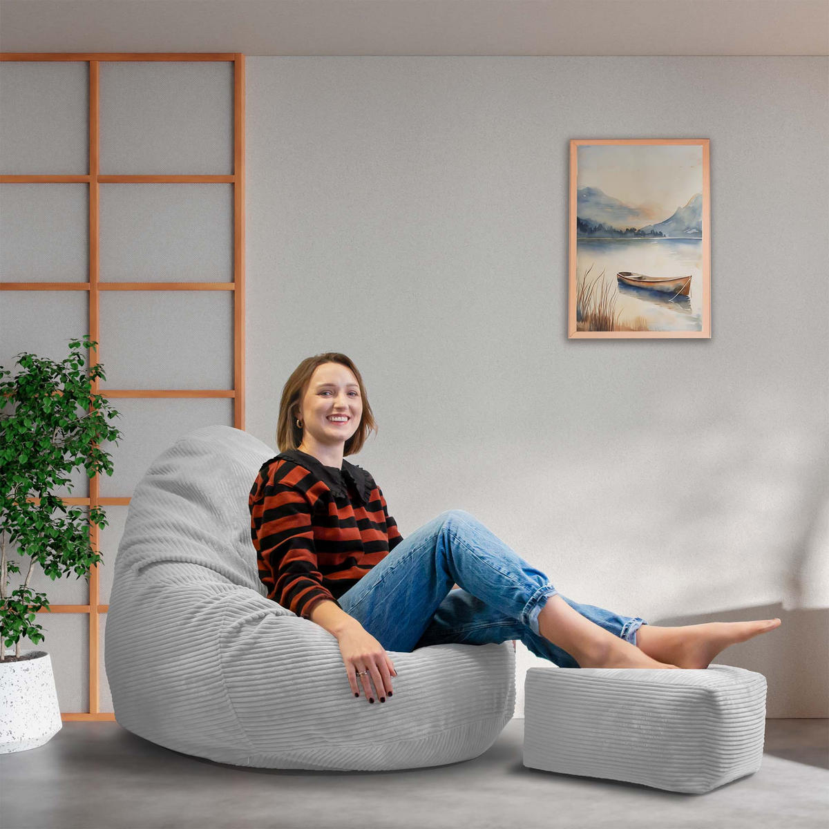 SITZSACK PARADISE MIT FUßSTÜTZE Kordsamt 2-tlg Cool Gray M - Hellgrau/Grau, Textil (90/100/90cm) - Dreamroots