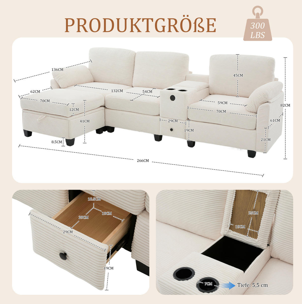 ECKSOFA L-Form mit verschiebbarer Mittelkonsole & USB-C-Anschluss Beige 266/136/82 cm - Beige, Textil (266/136cm) - OKWISH