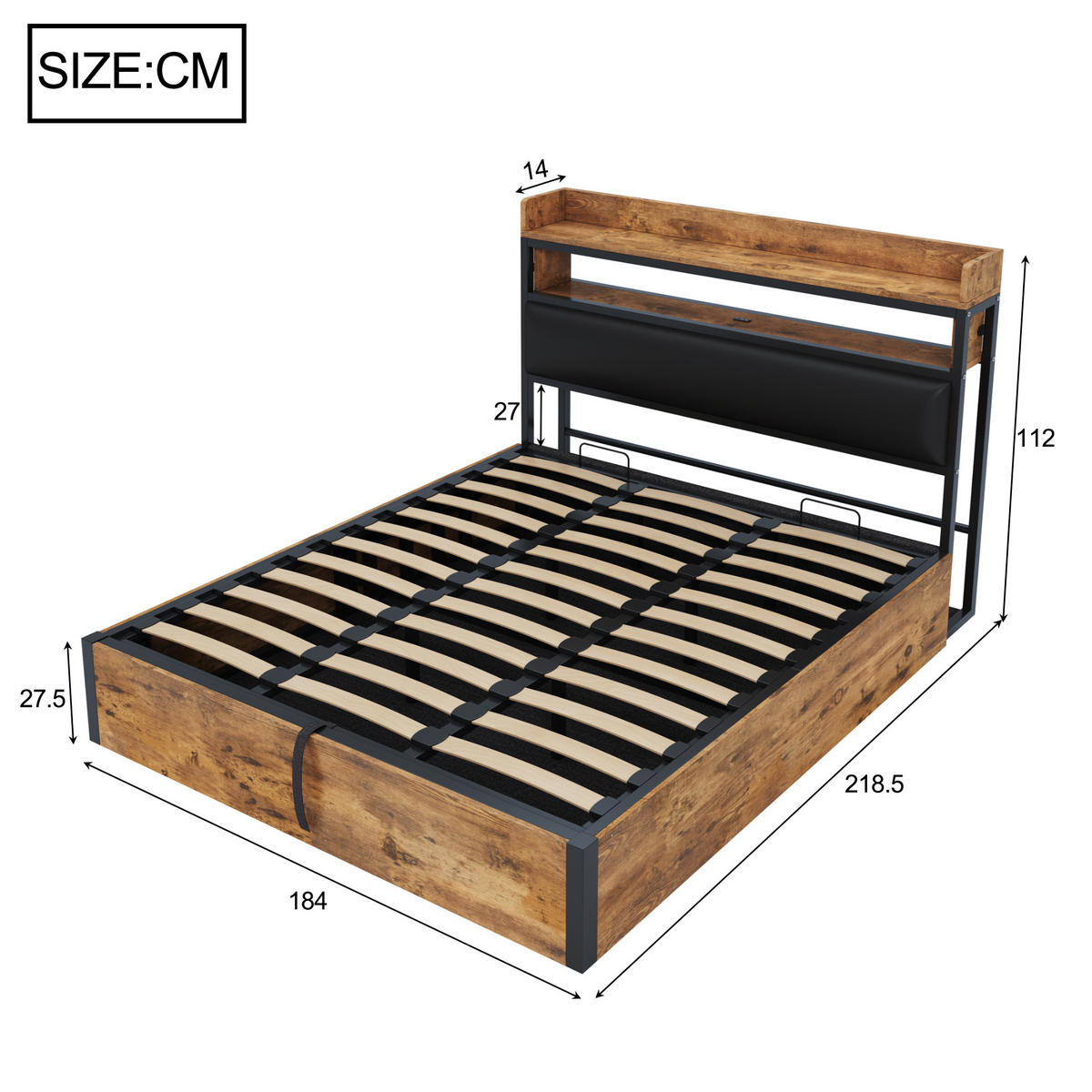 POLSTERBETT 180/200 cm schwarz aus Metall und Holz mit Hydraulik-Stauraum und USB - Schwarz, Metall (180/200cm) - OKWISH