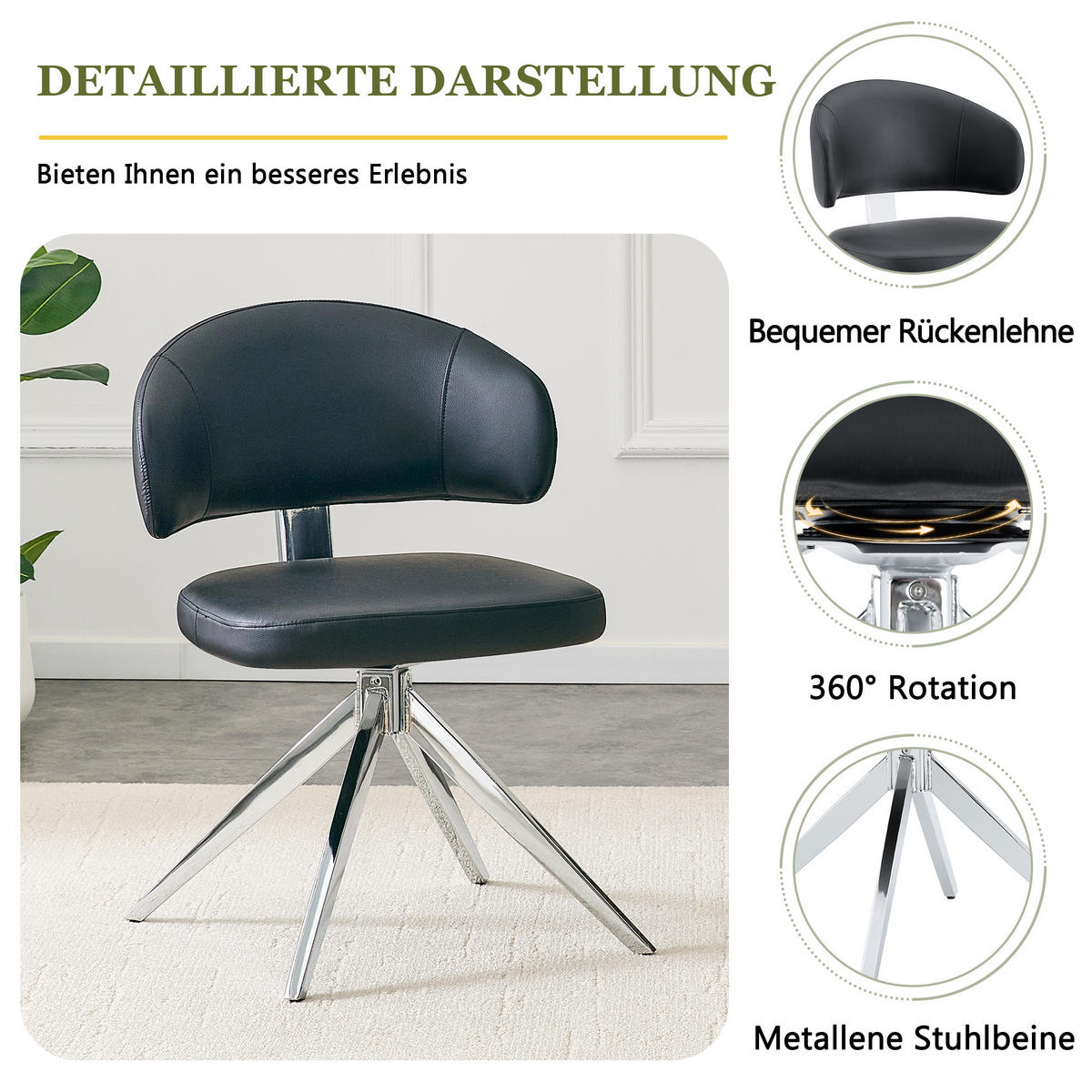 STUHL-SET DE-36678 2 Stück 360° drehbar mit Polsterung Schwarz - Schwarz, Metall (50.5/77/54.5cm) - ComfortXL
