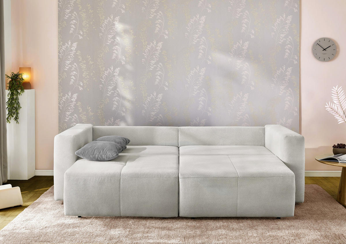 SCHLAFSOFA Verwandlung: Big-Sofa/Eckcouch, 2 Bettkästen, B243/T115-161/H84 cm, Liegefläche 145x197 cm, Waffelcord Silber-Grau / 15242 - Silberfarben/Schwarz, Kunststoff/Textil (243/84/115cm) - luma-home