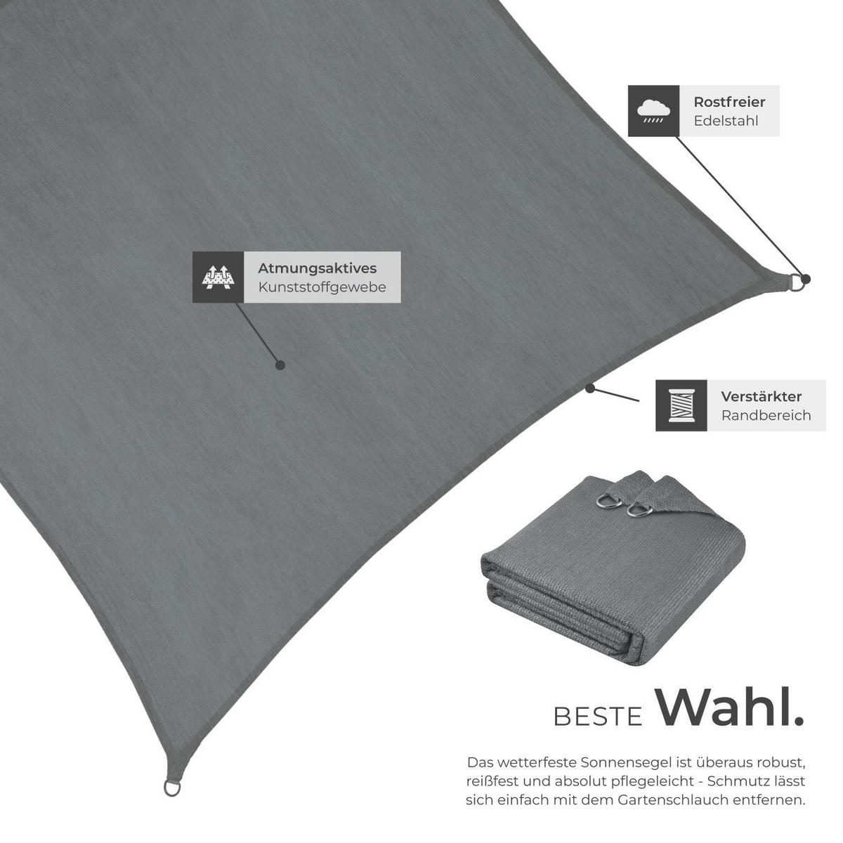 SONNENSEGEL Sunny,umfangreiches Montagematerial,grau - Grau, Kunststoff (700/500cm) - tectake