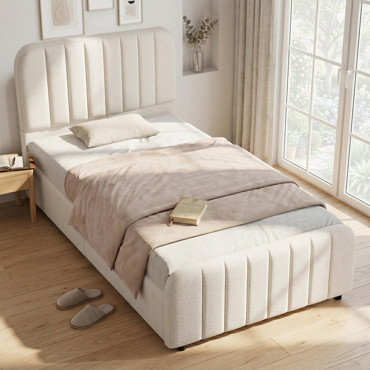 POLSTERBETT 90/200 cm in Beige mit Bettkasten, hydraulischer Hebefunktion, gepolstertem Kopfteil aus Leinen - Beige, Holzwerkstoff/Textil - STILVORA