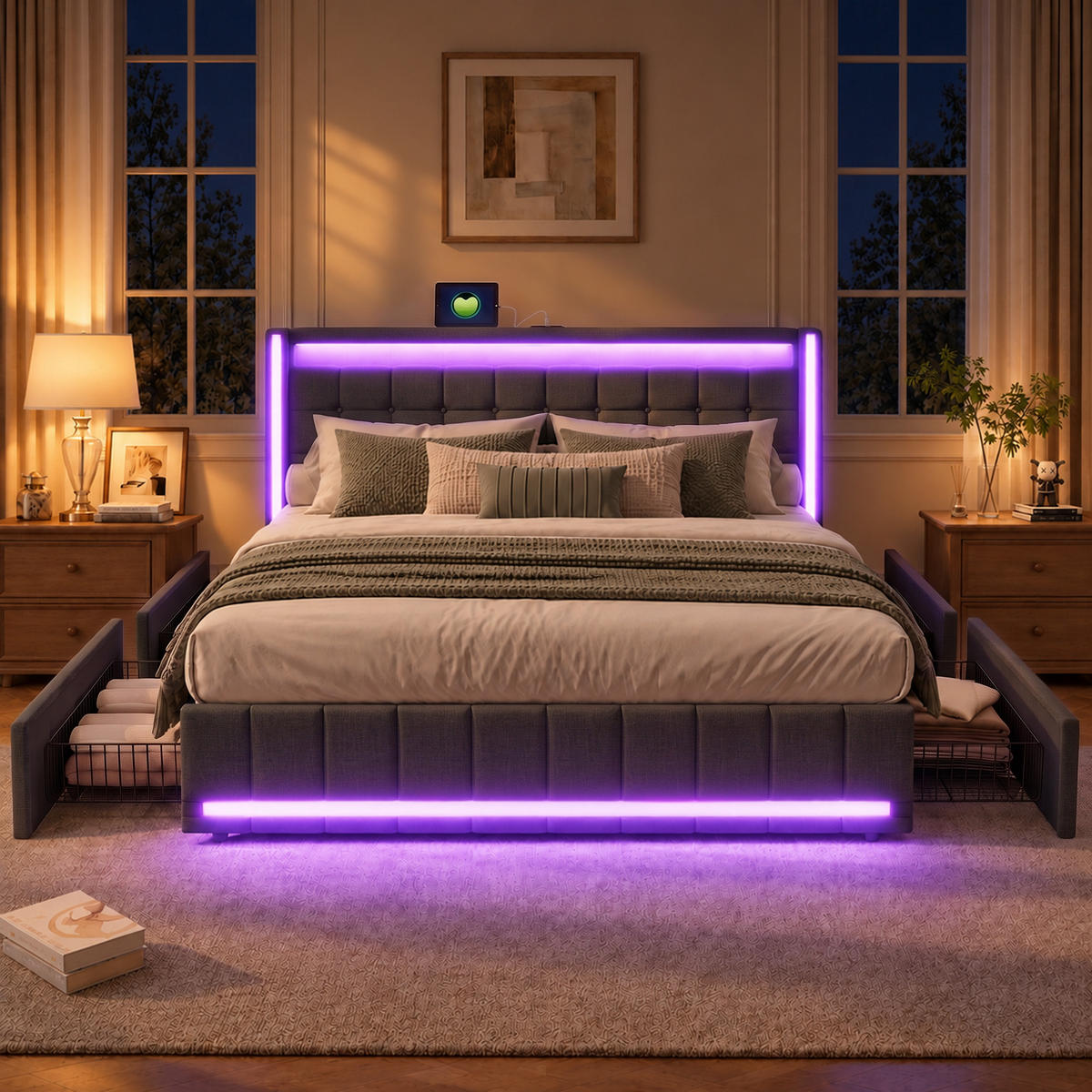 POLSTERBETT，BETT 160/200 cm Dunkelgrau,Mit 4 Schubladen, LED und Ladefunktion - Naturfarben/Grau, Holz/Textil (160/200cm) - FURNISHINGS HOME