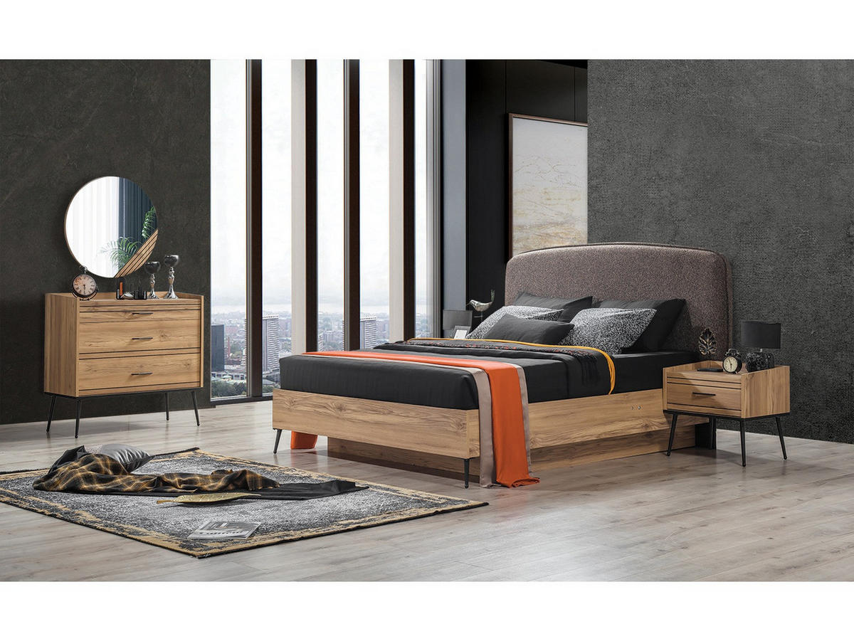 BETTANLAGE CIZGI Schlafzimmer-Set, 4-teilig, Eiche, Bett mit Kopfteil 2 Nachttischen und Kommode - Eichefarben, Holzwerkstoff (160/200cm)