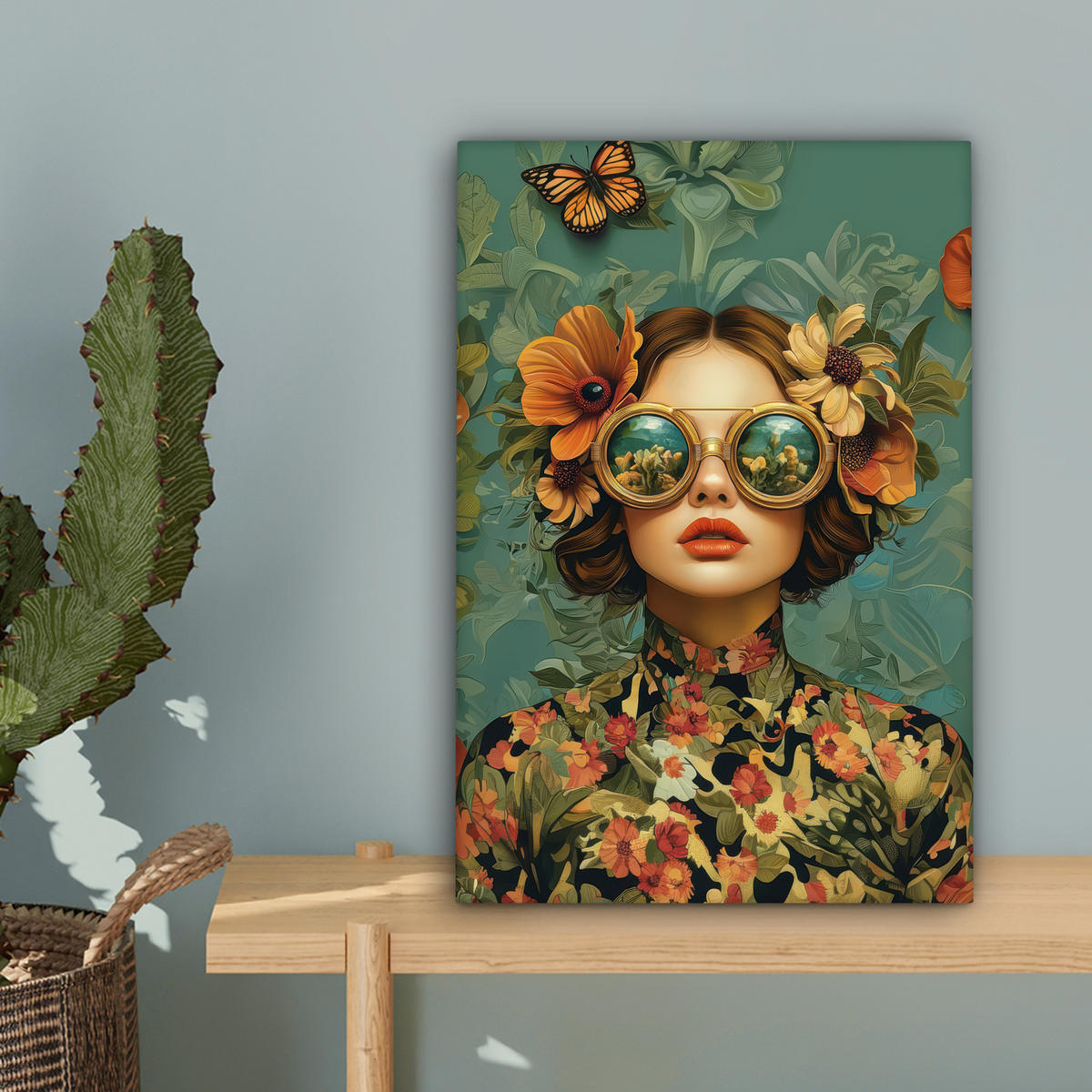 LEINWANDBILD Frau - Blumen - Schmetterlinge - Natur - Vintage Deko Wohnzimmer 20x30 cm - Salbeigrün, Textil (20/30cm) - MuchoWow
