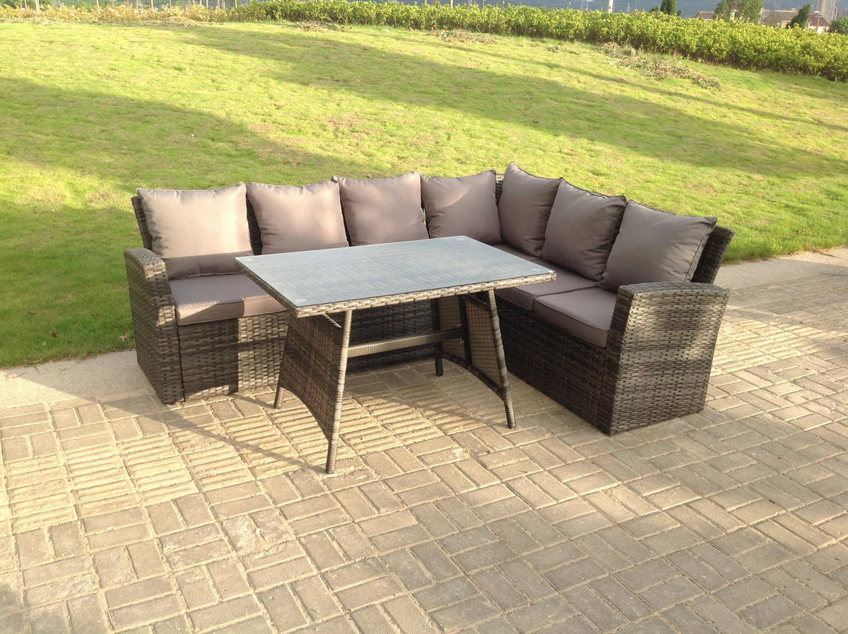 GARTENMÖBEL SET PE Polyrattan 6-Sitzer - Dunkelgrau/Grau, Glas/Kunststoff - Fimous