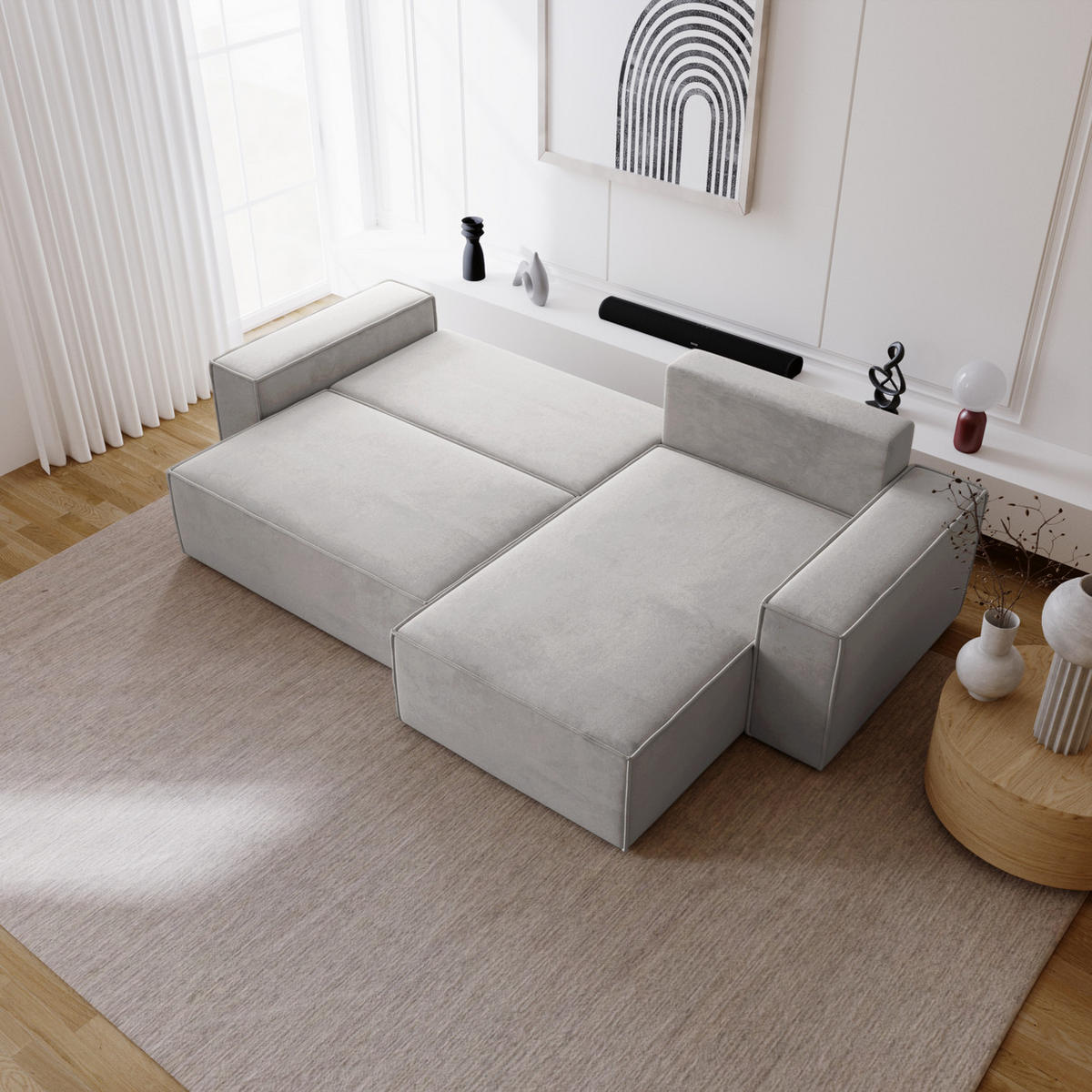 ECKSOFA mit Schlaffunktion Bergamo L 280 cm, Samt, Rechts - Hellgrau - Hellgrau, Holz (189/277cm) - Emporius