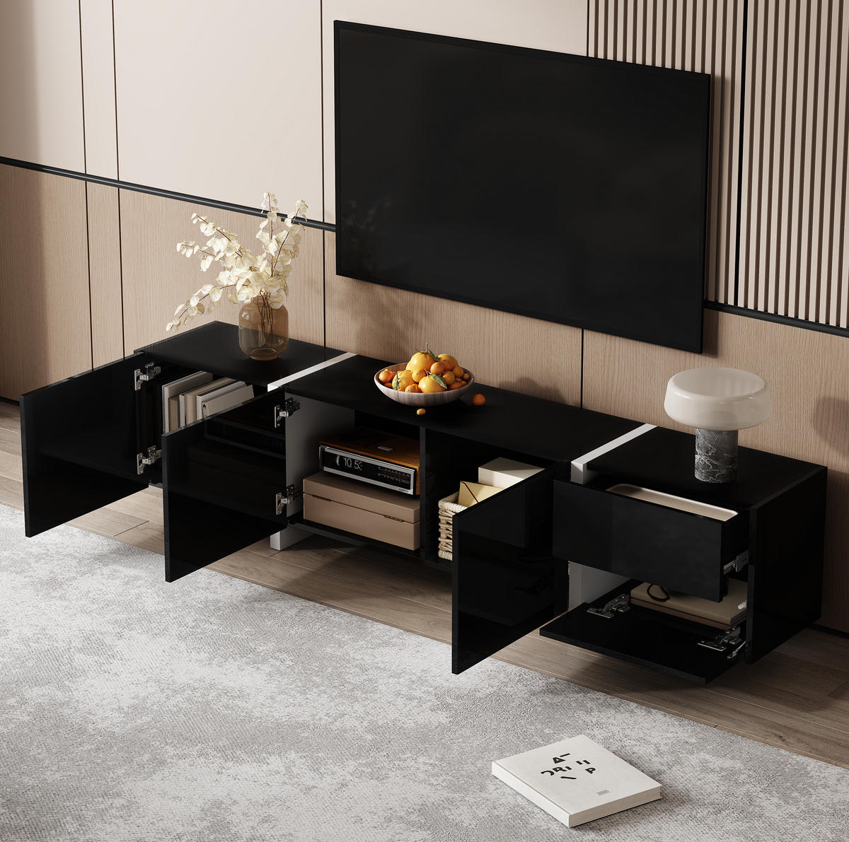 TV-LOWBOARD aus Holzwerkstoff 170x30x39 cm Schwarz/Weiß mit 3 Türen, 1 Schublade, Klappe und Kabeldurchlass - Schwarz, Holzwerkstoff (170/39/30cm) - Modfu