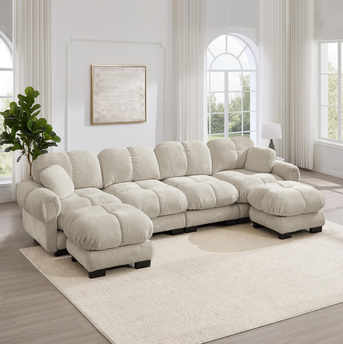 SOFA in U-Form mit 2 mobilen Ottomane Chenille Light Khaki - Hellbraun, Holz (149/90/330.1cm) - Meubliv