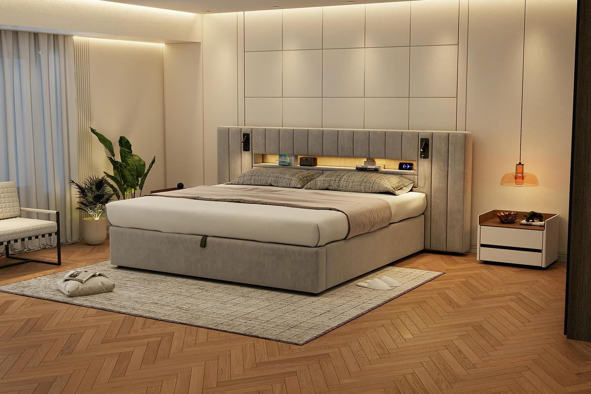 POLSTERBETT 180/200 cm Grau aus Samt mit Stauraum, LED-Beleuchtung und USB - Grau, Textil (180/200cm) - Flora Grace