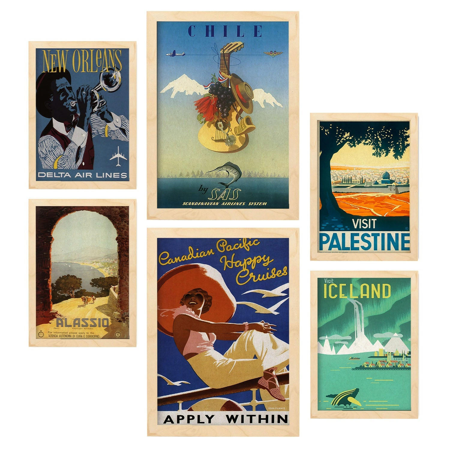 POSTER Set Mit 6 Land Und Städte Vollfarbige Illustrationen Von Vintage Tourismus Werbetafeln Aus Der Ganzen Welt A3 & A4 Rahmen Aus Hellem Holz - Beige, Papier (29/3cm) - Nacnic